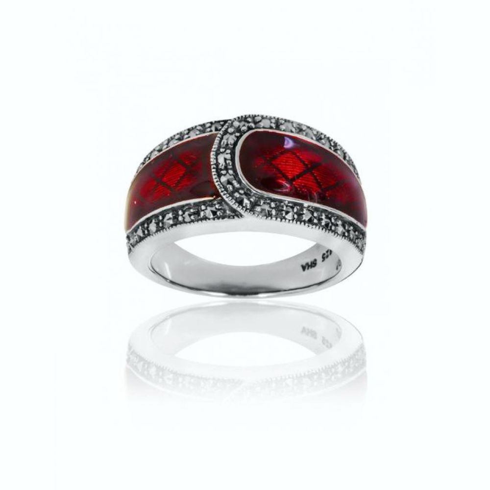 Red Enamel Overlap Ring w/Crosshatch and Marcasite - Click Image to Close